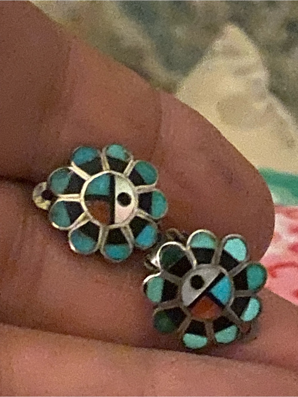 Vintage Zuni Sunface Inlay Flower Clip On Earrings Authentic Mosaic